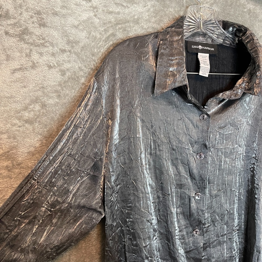 Sag Harbor Women Metallic Crinkle Button Front Shirt 18 Plus Futuristic Space